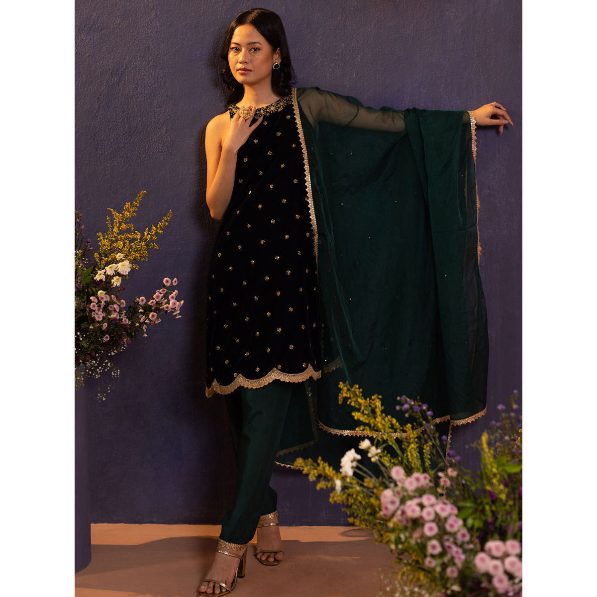 Buy Gajra Gang Miss Makhmali Navy Blue Zari Work Kurta Salwar