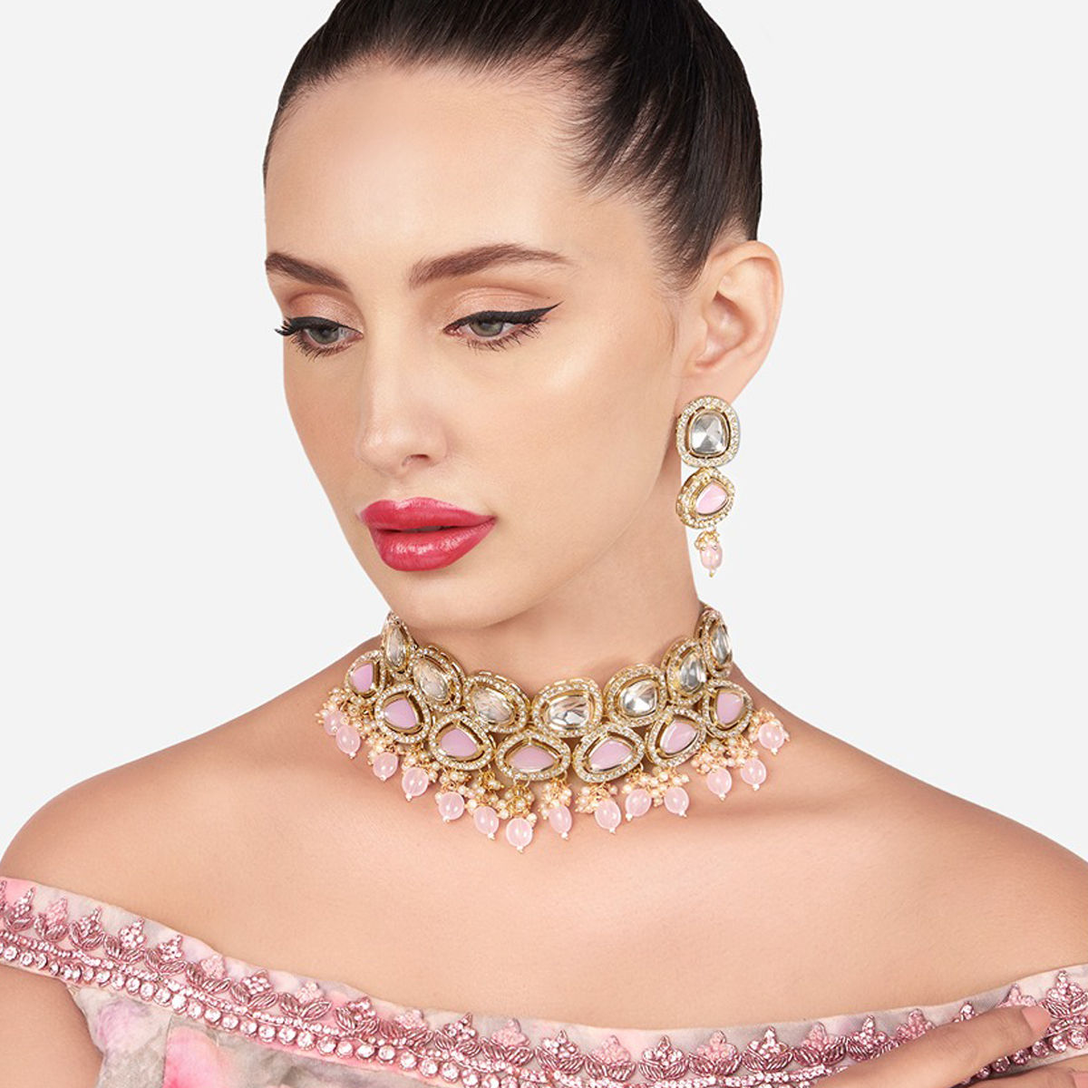 Buy Zaveri Pearls Pink Stones Austrian Diamonds Choker Necklace And