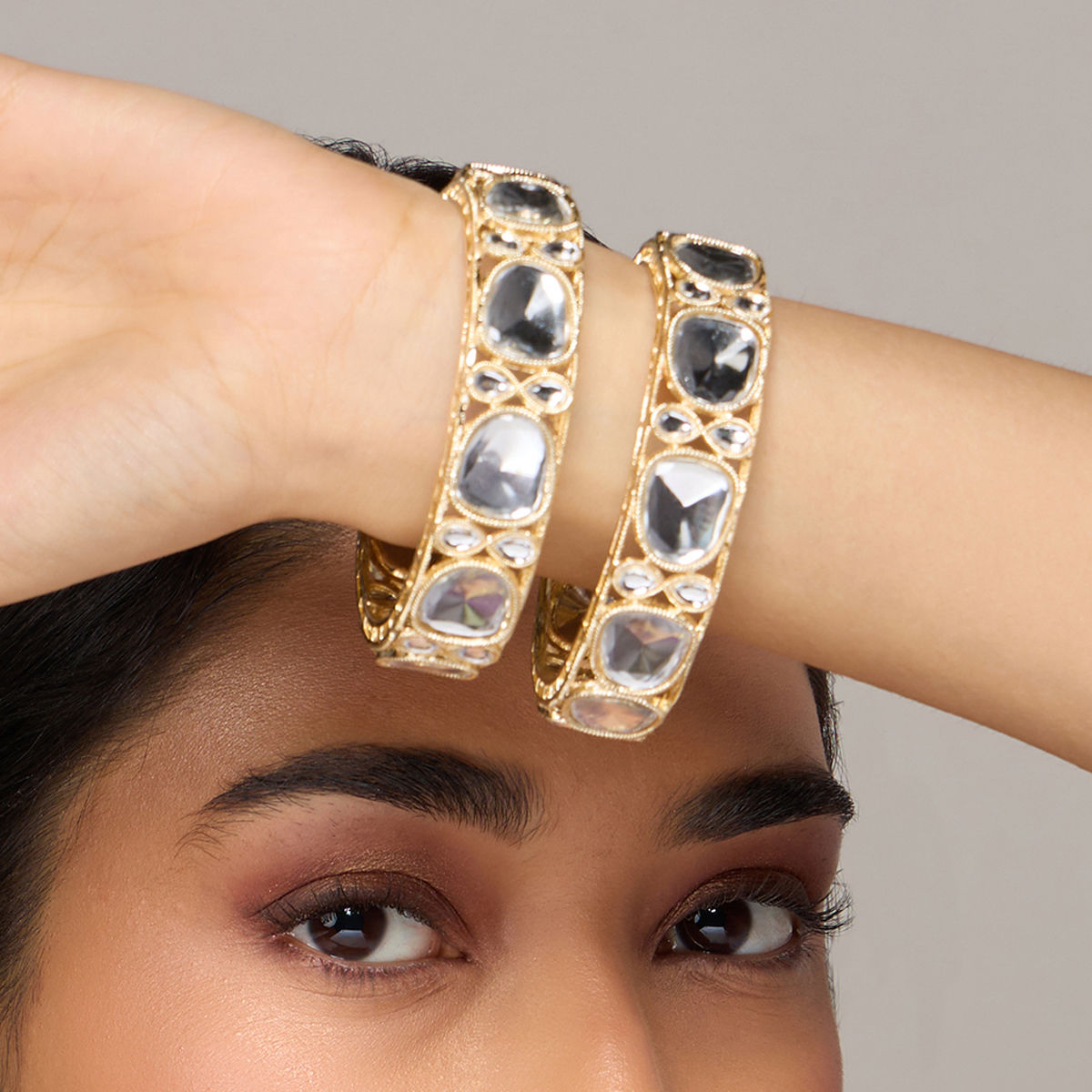 Azai By Nykaa Fashion Gold And Off White Studded Bangles Set Of