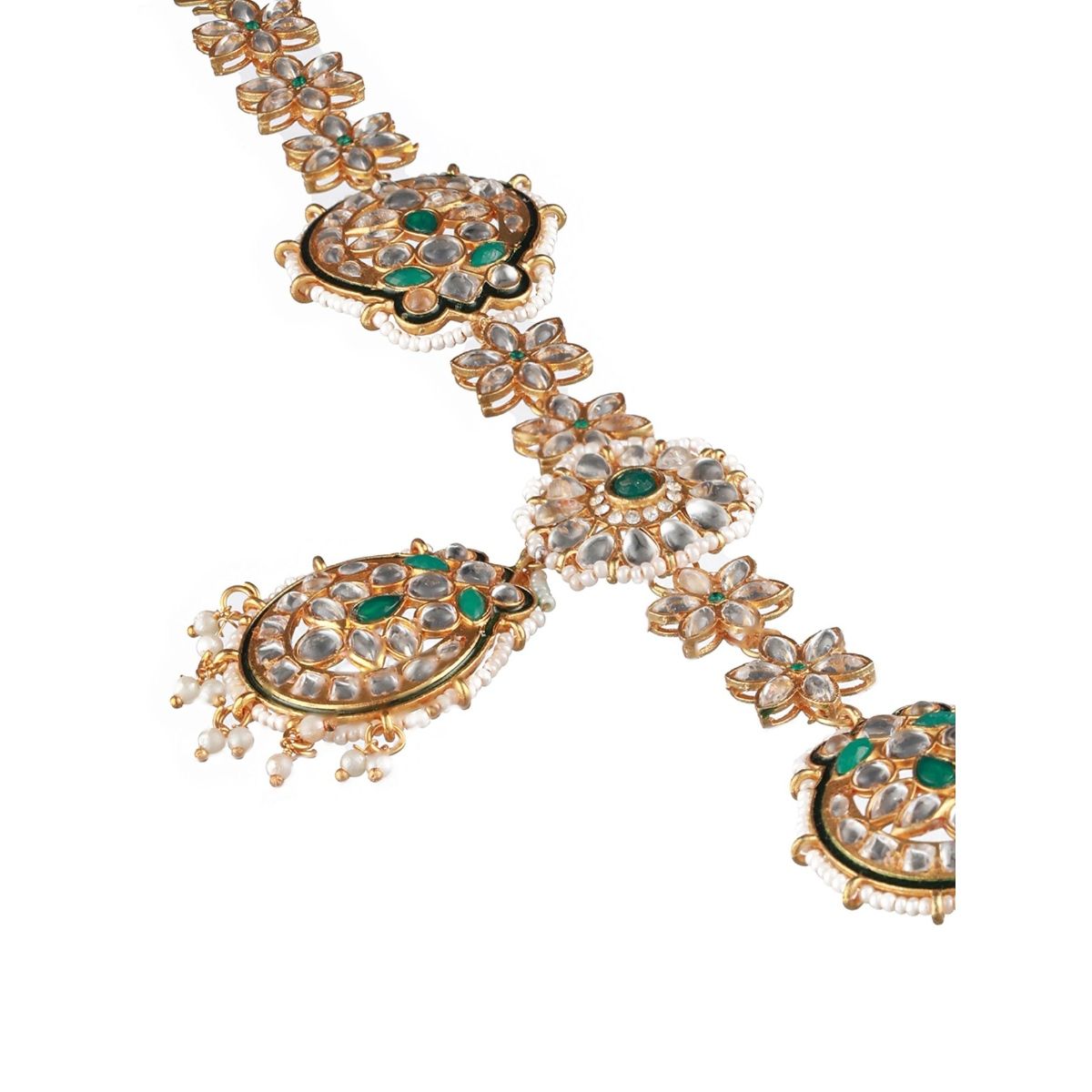 Jazz And Sizzle Gold Plated Green White Kundan Studded Pearl Beaded