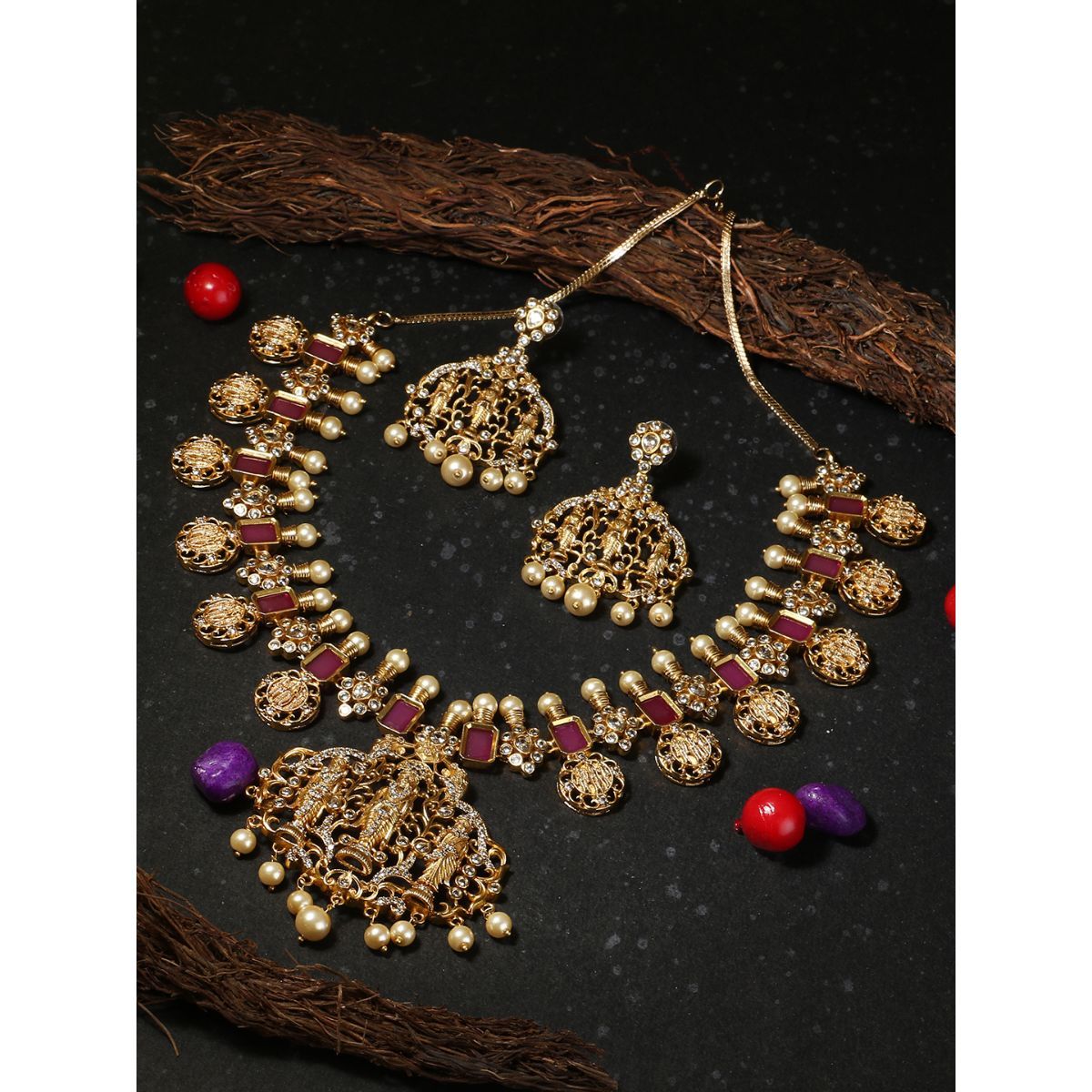 Buy Adwitiya Ct Gold Plated Temple Red Stone Long Jewellery Set Online