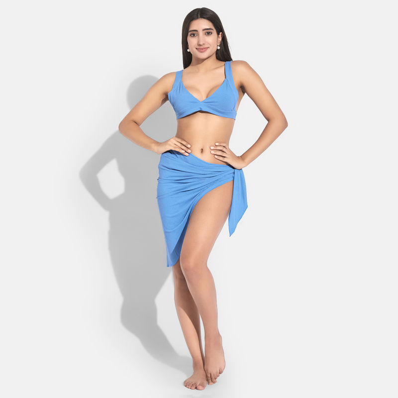 Buy Secrets By Zerokaata Women Ribbed V Neck Beach Wear Swim Bikini Set With Sarong Online