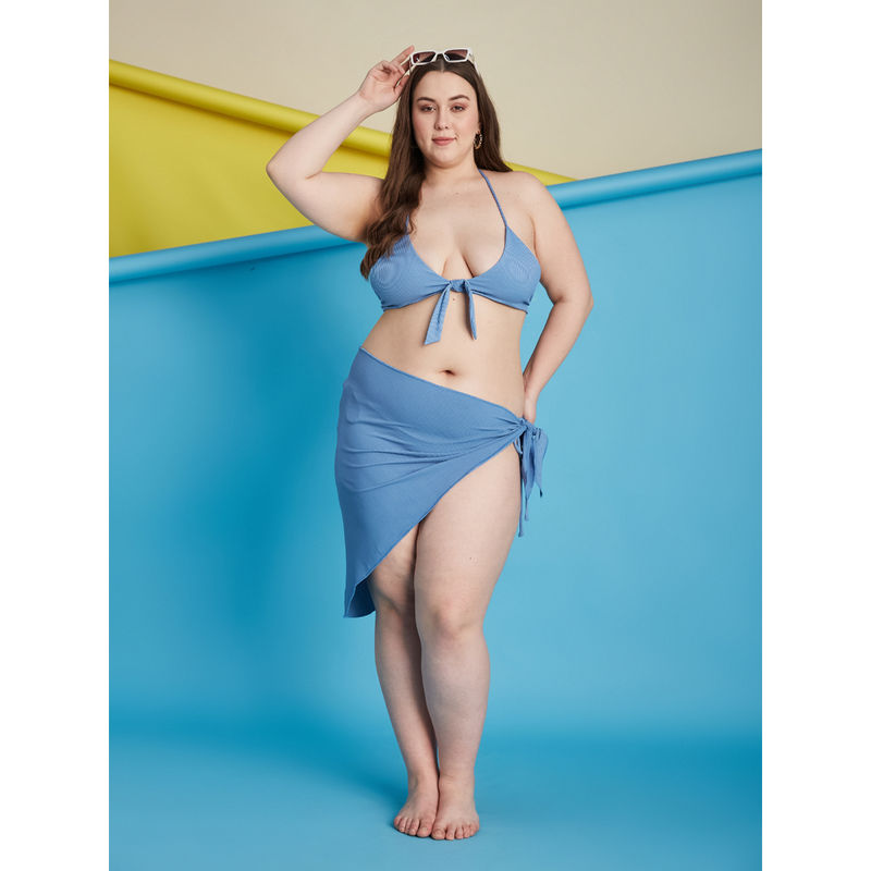 Buy Secrets By ZeroKaata Blue Plus Size Ribbed Swim Bikini Top With Panty Sarong Set Of Online