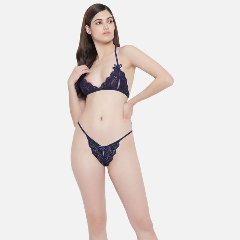 Buy Secrets By Zerokaata Women Navy Blue Lace Lingerie Set Online