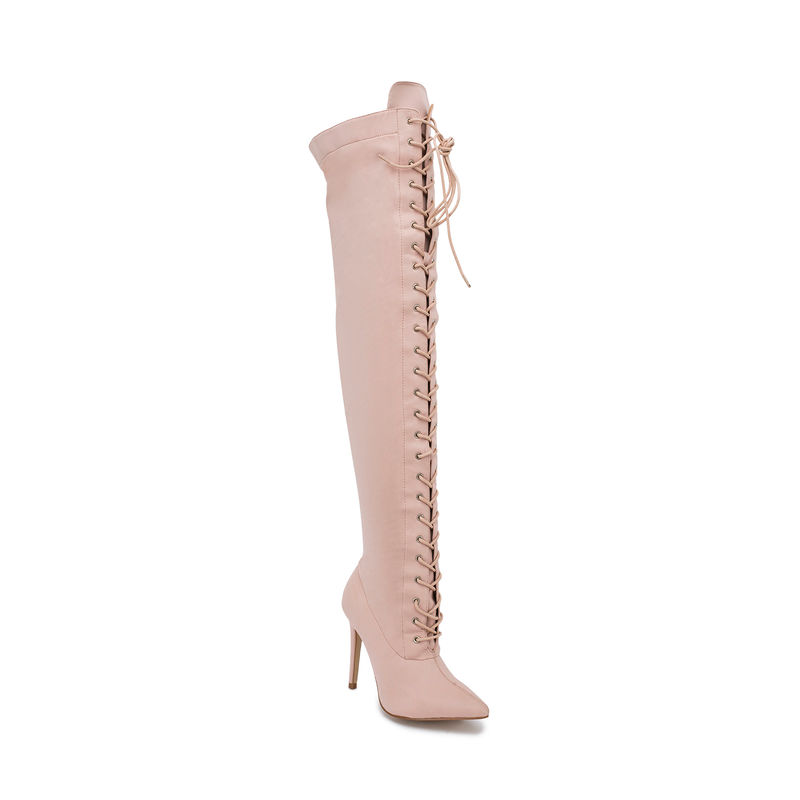 Buy Truffle Collection Nude Lycra Stiletto Lace Up Thigh High Boots Online