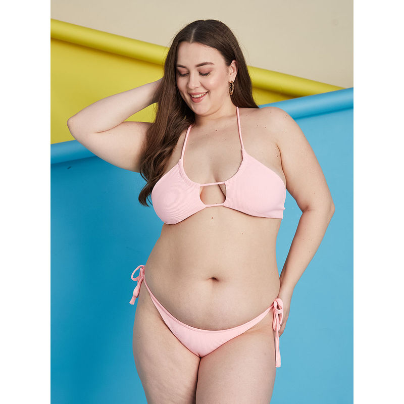 Buy Secrets By ZeroKaata Pink Plus Size Ribbed Halter Beachwear Swim Bikini Set Of Online