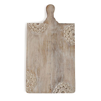 Amoli Concepts Cheese Board Cum Platter with Carved Flower Detail In Whitewash Finish Brown