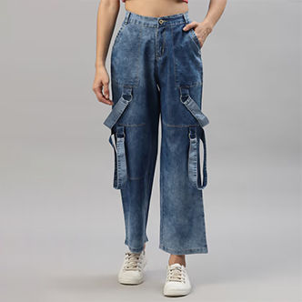 KASSUALLY Blue Straight Fit Mildly Distressed Heavy Fade Tasselled Embellished Jeans