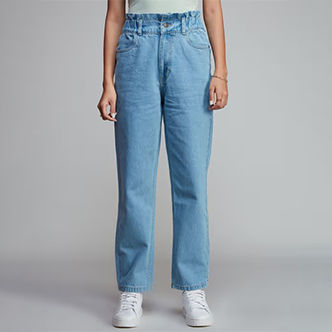 Twenty Dresses by Nykaa Fashion Madonna Light Blue High Rise Paper Bag Waist Denim Jeans
