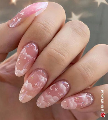 nail art for pink nails - pink nails with white clouds