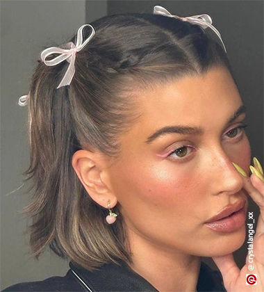 HAiley beiber with ribbon in her hair