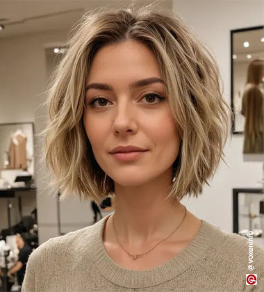 Women in a beige sweater with bob cut