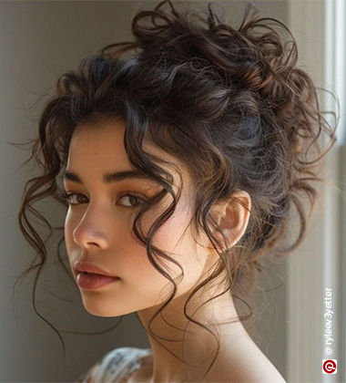 side profile of a woman messy curly bun
