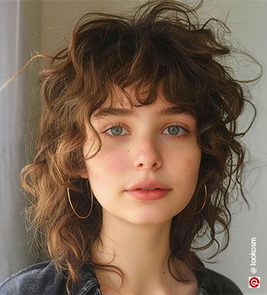 close-up of a woman with golden hoop earrings and curly shag cut