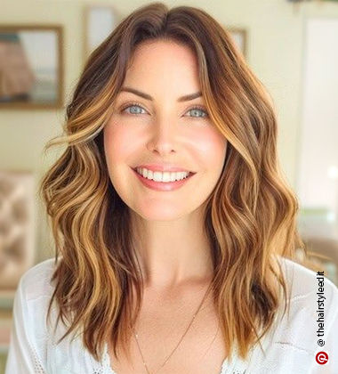 smiling woman in a white top and medium wavy hair