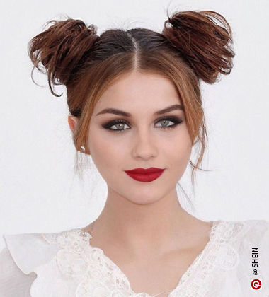 round face hairstyles - messy double buns
