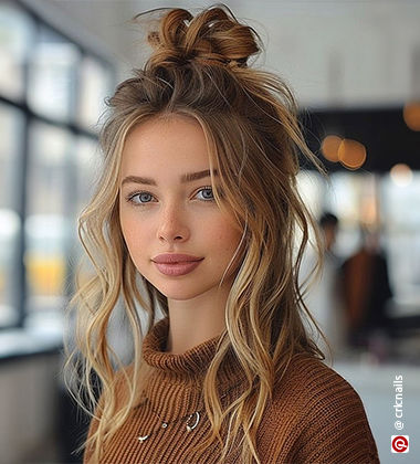 hairstyles for people with round face - top knot