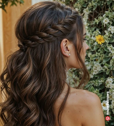 hair style with gown with braids and curls