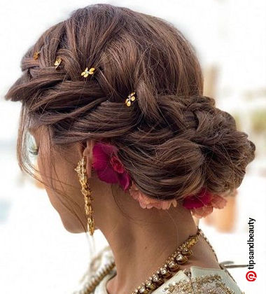 open hairstyle for saree - side braided bun
