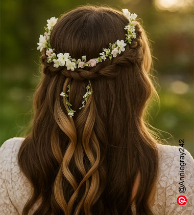woman in a white dress, braided crown
