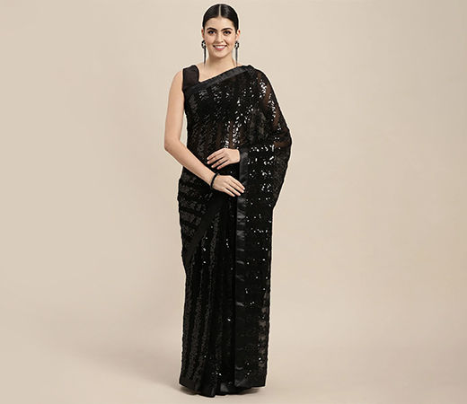 French Purple Paithani Saree with Unstitched BlouseDesigner Black Toned Striped Sequined Pure Georgette Saree with Unstitched Blouse