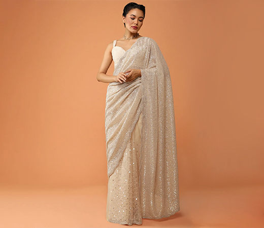 Gold Half Saree In Organza Cut Dana and Sequins Embroidery with Unstitched Blouse