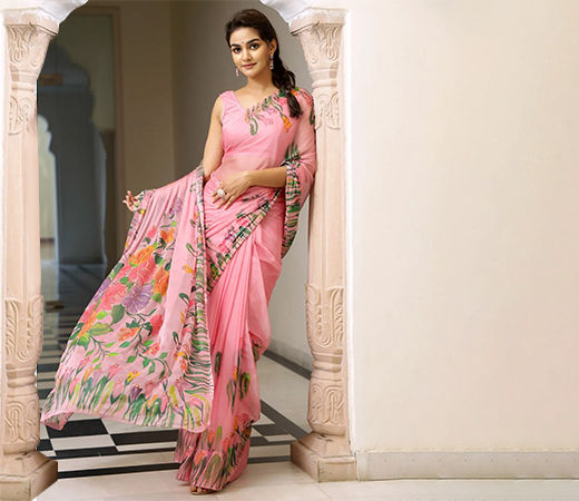 Sage Handpainted Chiffon Saree with Unstitched Blouse