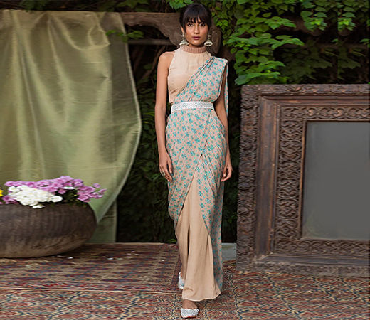Grey And Teal Print Pant Saree With Blouse & Belt