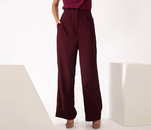 Work Wine Solid Wide Leg Pants