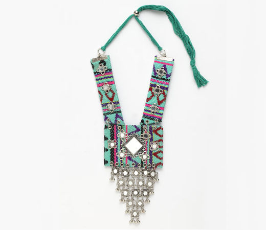 Handcrafted Green Embroidered Glass Design Afghan Tribal Tasseled Bohemian Necklace