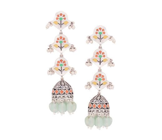 Silver Oxidised Pastel Multicolor Layered Jhumka Earrings