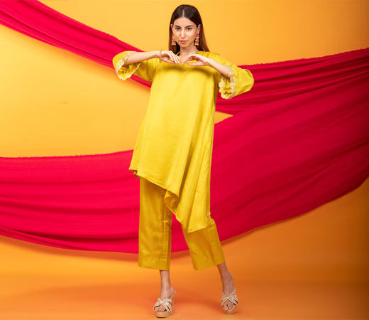 Nusrat Assymetrical Kurta & Pant Co-Ord Canary Yellow
