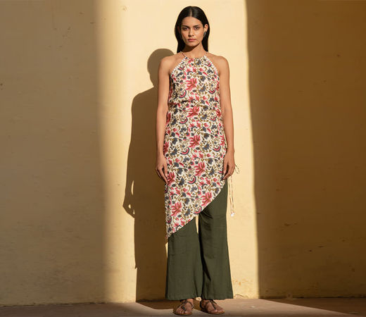 Ivory Floral Print Halter Neck Assymetrical Kurta With Flared Pant