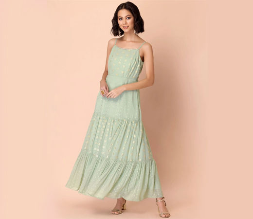 Light Green Foil Print Tiered Kurta