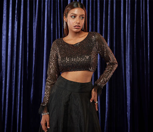 Glitterati Rose Gold Sequin and Feather Detailed Sleeves Blouse GGBL27