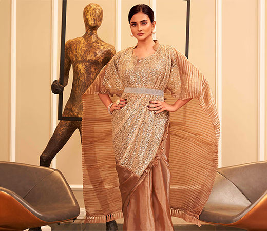Beige Designer Kaftan Saree with Sequins Work and Belt with Unstitched Blouse