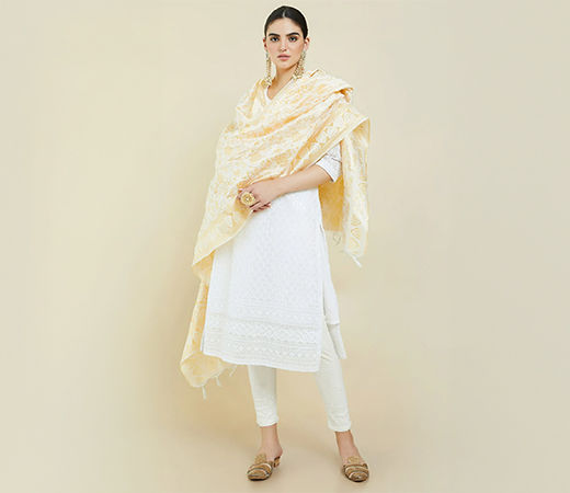 Women Off White Brocade Floral Dupatta