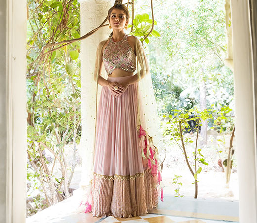 Pink Mirror Work Lehenga Blouse with Contrasting Dupatta