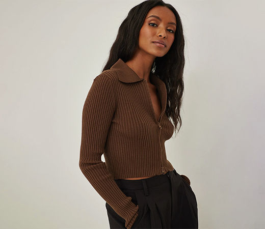 Two Way Zipper Knitted Sweater Brown