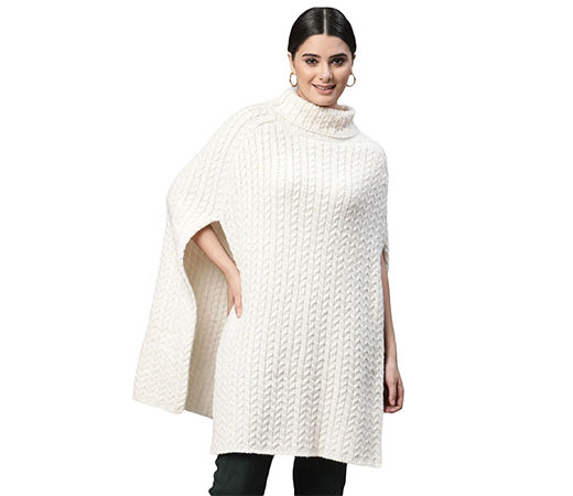 Women Turtle Neck Mock-Sleeves Off White Textured Loose Fit Acrylic Ponchu