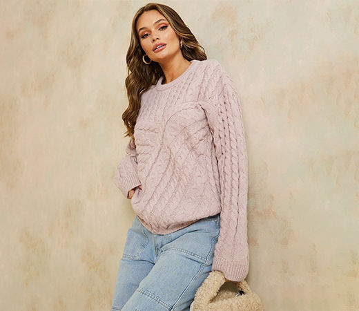 Pink Regular Length Cable Knit Regular Fit Sweater