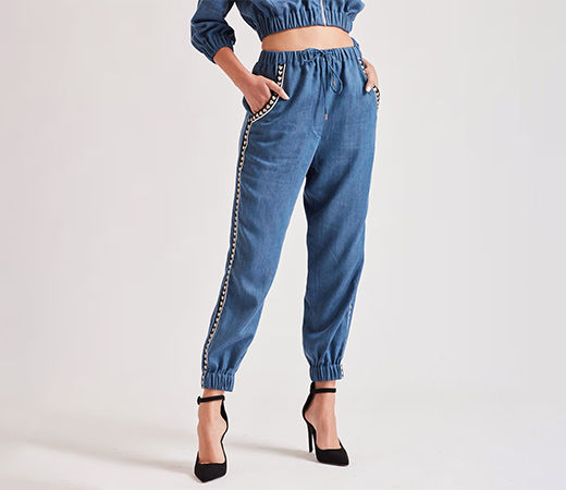 Love Blue Denim Embroidered Joggers
