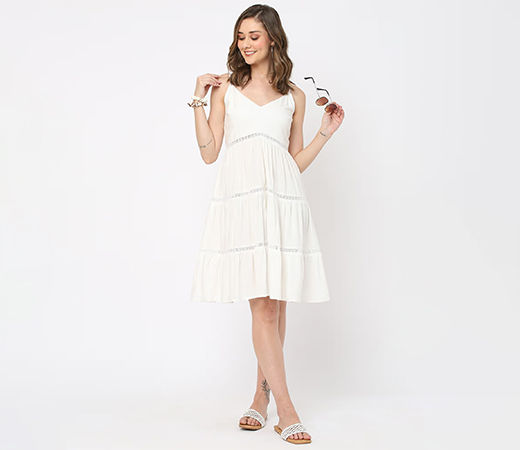 Women White Solid Knee Dress