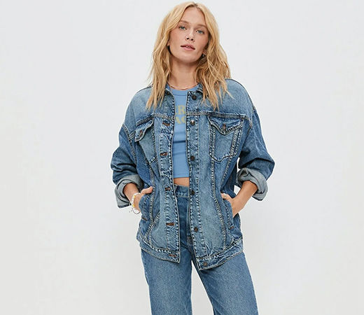 Women Blue 90s Boyfriend Medium Wash Denim Jacket