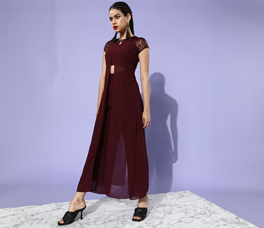 Miss Chase Wine Sequin Embellished Jumpsuit