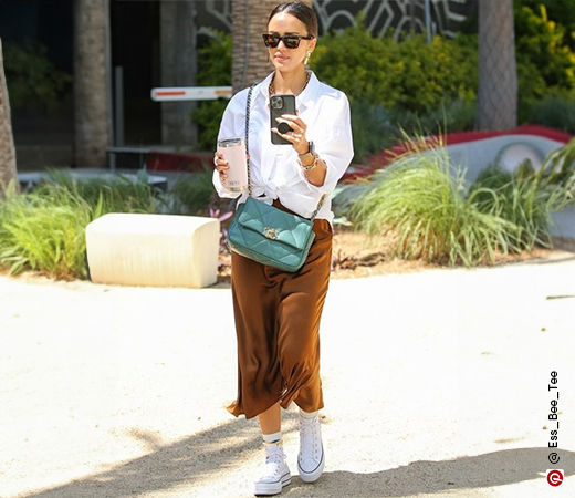 Jessica Alba in oversized shirt and midi skirt