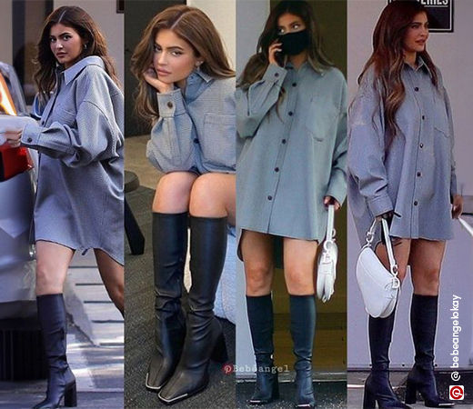 Kylie Jenner wearing an oversized blue shirt