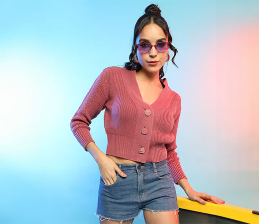 Campus Sutra Blush Pink Cropped Cardigan