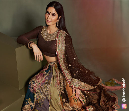 Katrina Kaif wearing a brown lehenga with floral motifs