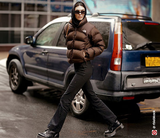 Kendall Jenner wearing a brown puffer jacket